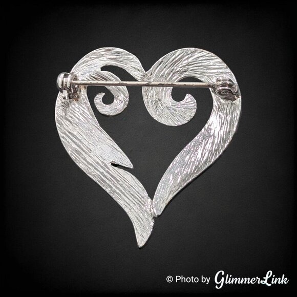 Openwork Heart Scroll Faux Marcasite Multicolor Rhinestone Silver Tone Brooch - Picture 5 of 8